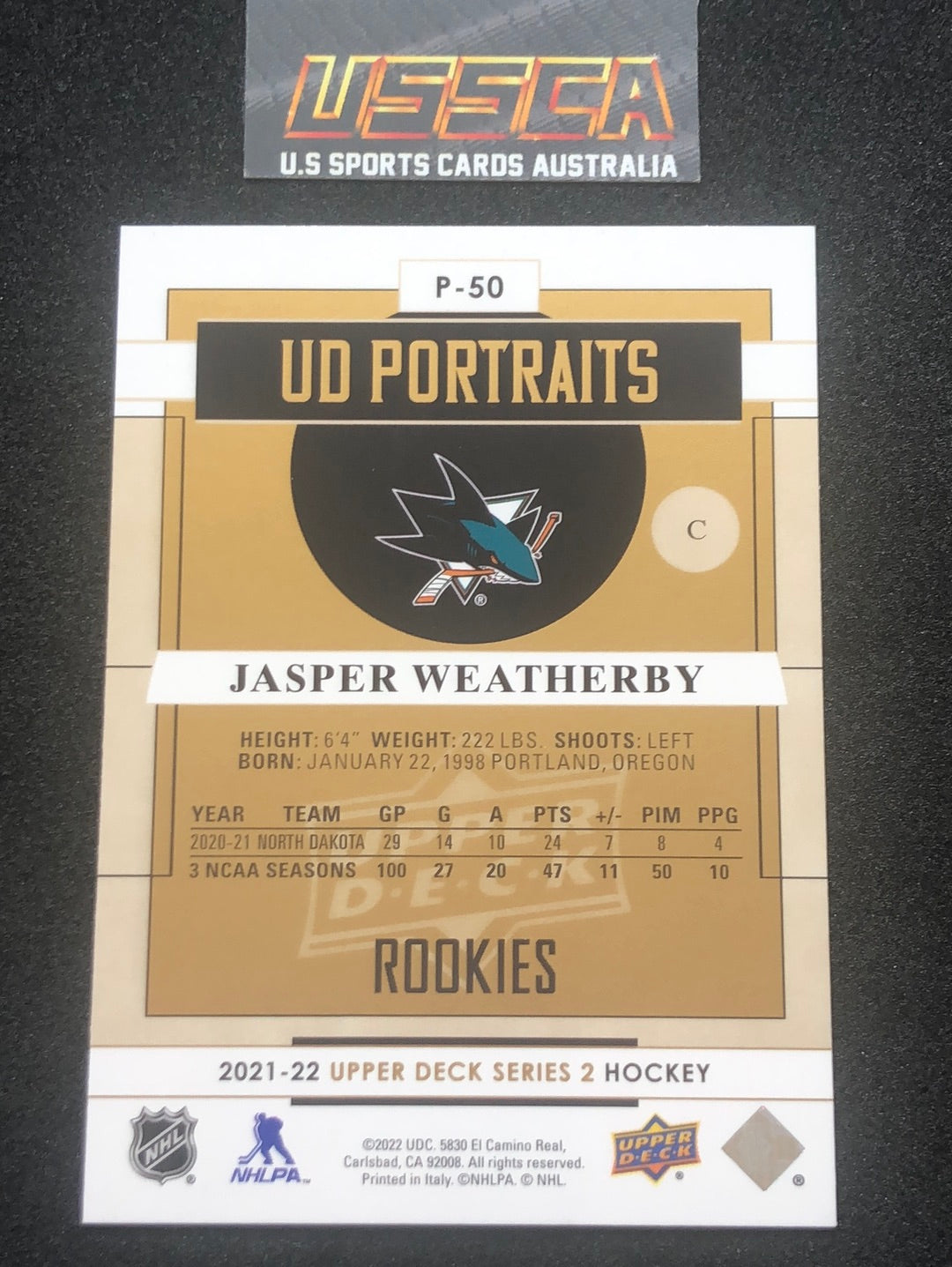 2021-22 Upper Deck Series Two #P-50 - UD Portraits - Jasper Weatherby - San Jose Sharks