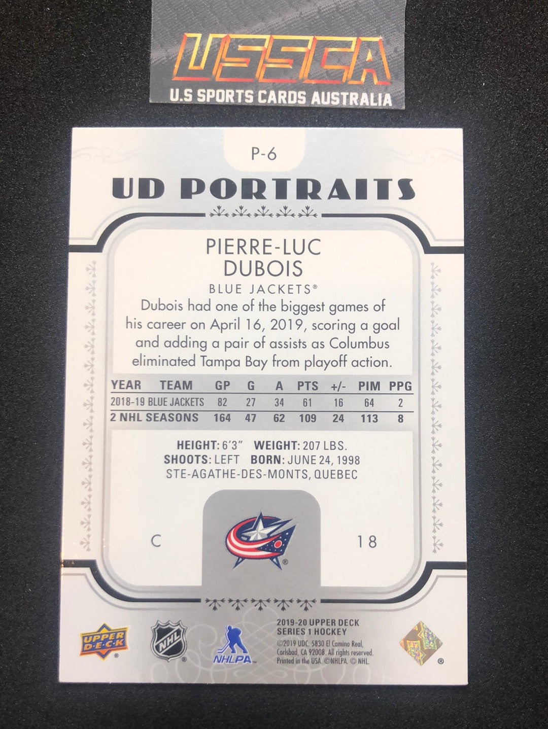 2019-20 Upper Deck Series 1 - UD Portraits #P-6 Pierre-Luc Dubois - Columbus Blue Jackets