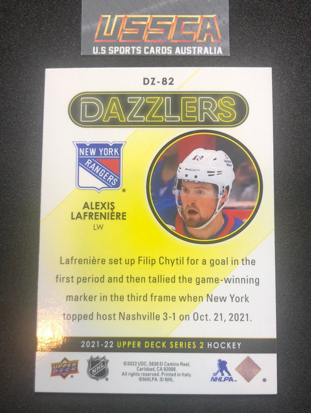 2021-22 Upper Deck Series Two #DZ-82 - Dazzlers Blue - Alexis Lafreniere - New York Rangers