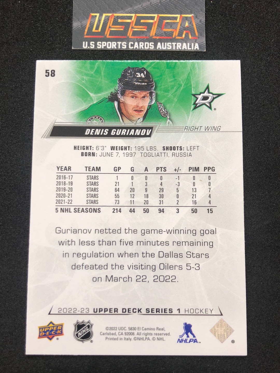 2022-23 Upper Deck Series 1 Hockey #58 Denis Gurianov - Dallas Stars