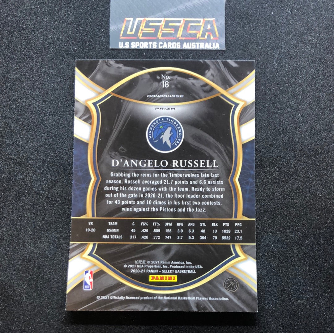 2020-21 Panini Select Basketball Concourse Green White Purple Prizm #18 D’Angelo Russell - Minnesota Timberwolves