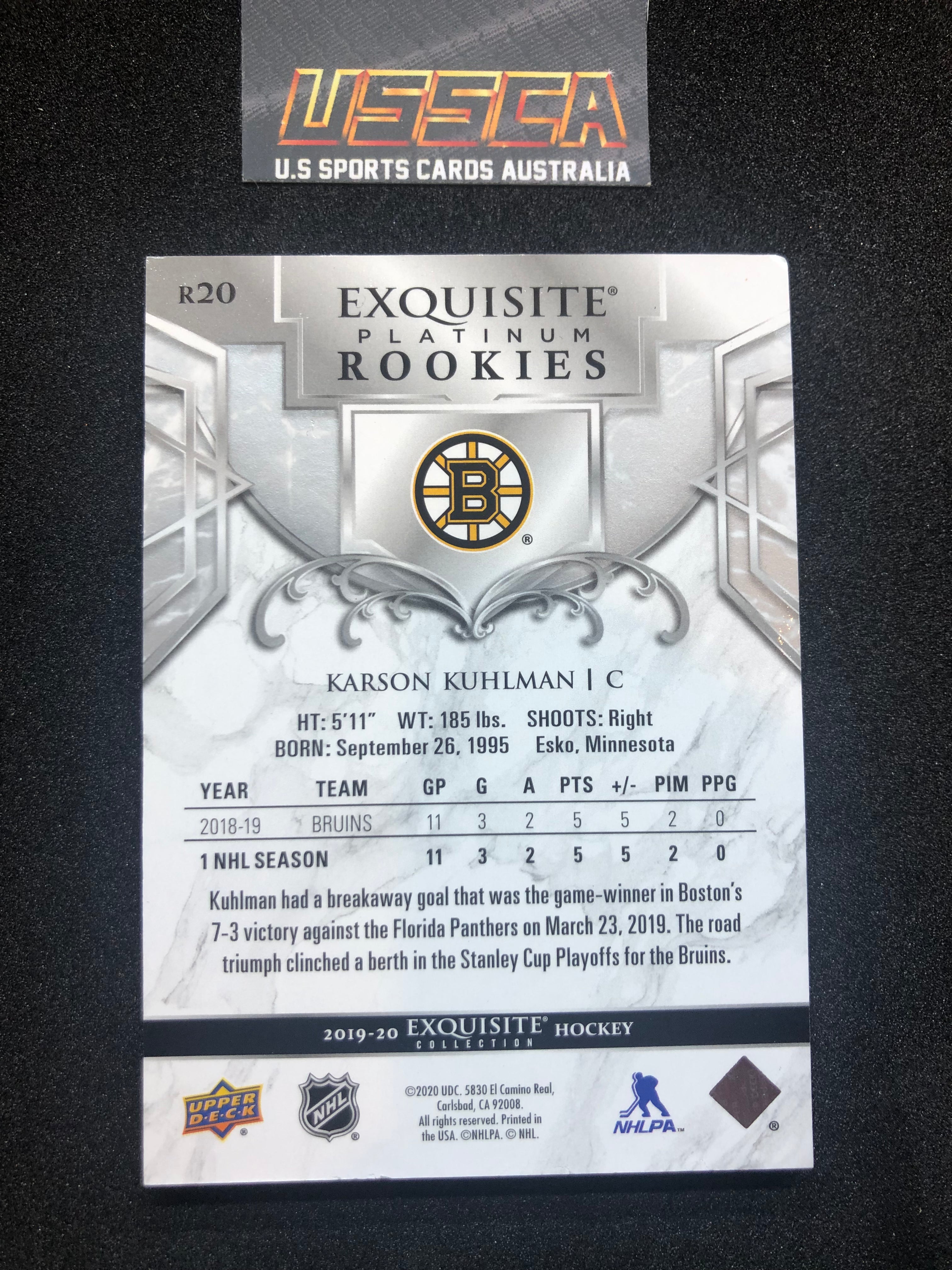 2019-20 Upper Deck Exquisite Collection Hockey Platinum Rookies #R20 Karson Kuhlman - Boston Bruins RY