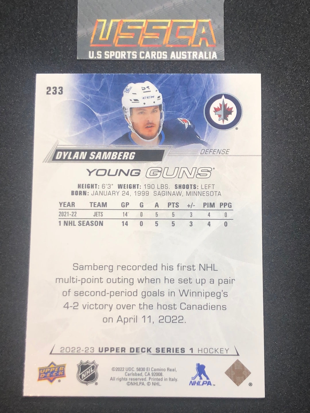 2022-23 Upper Deck Series One #233 - Young Guns -  Dylan Samberg - Winnipeg Jets RC