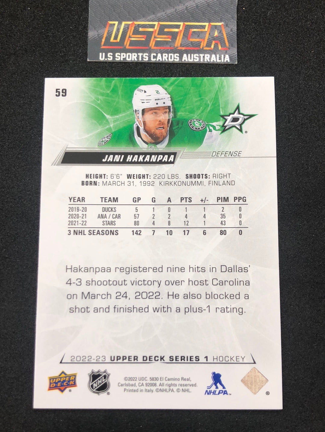 2022-23 Upper Deck Series 1 Hockey #59 Jani Hakanpaa - Dallas Stars