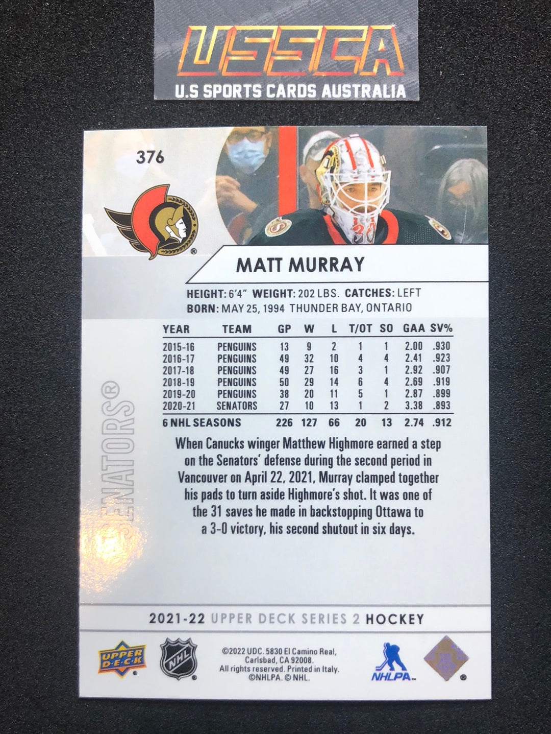 2021-22 Upper Deck Series Two #376 - Matt Murray - Ottawa Senators