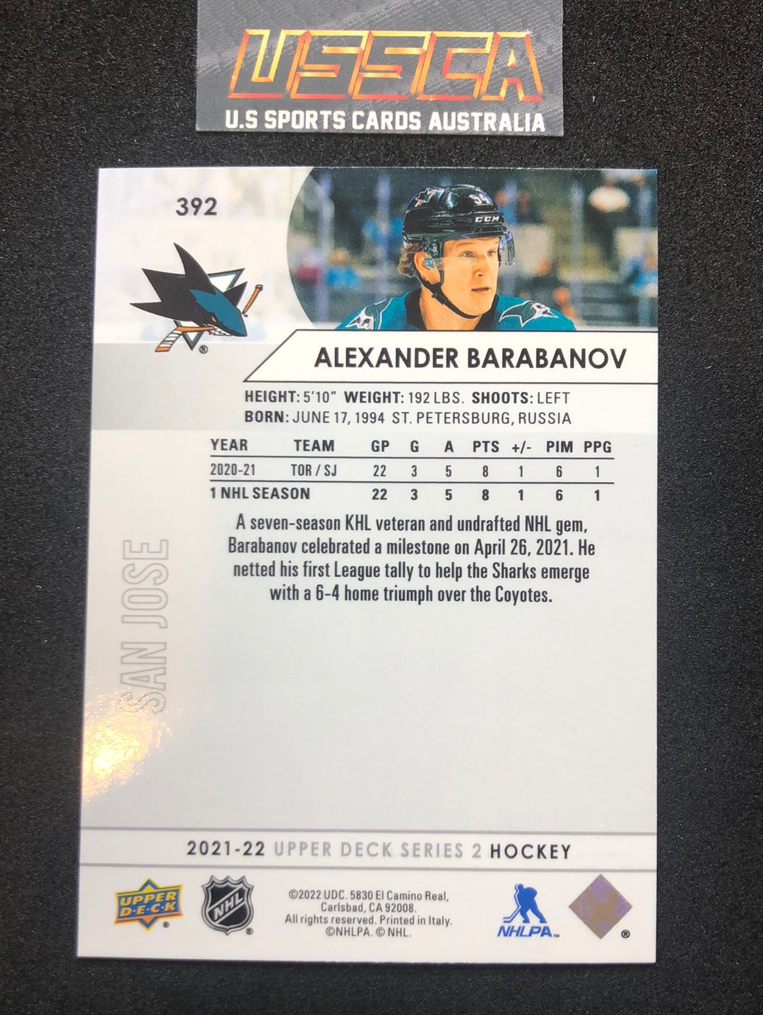 2021-22 Upper Deck Series Two #392 - Alexander Barabanov - San Jose Sharks