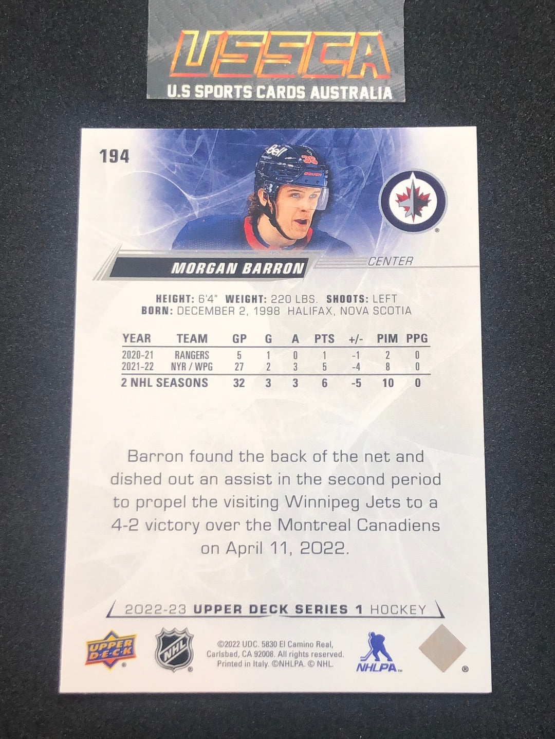 2022-23 Upper Deck Series 1 Hockey #194 - Morgan Barron - Winnipeg Jets