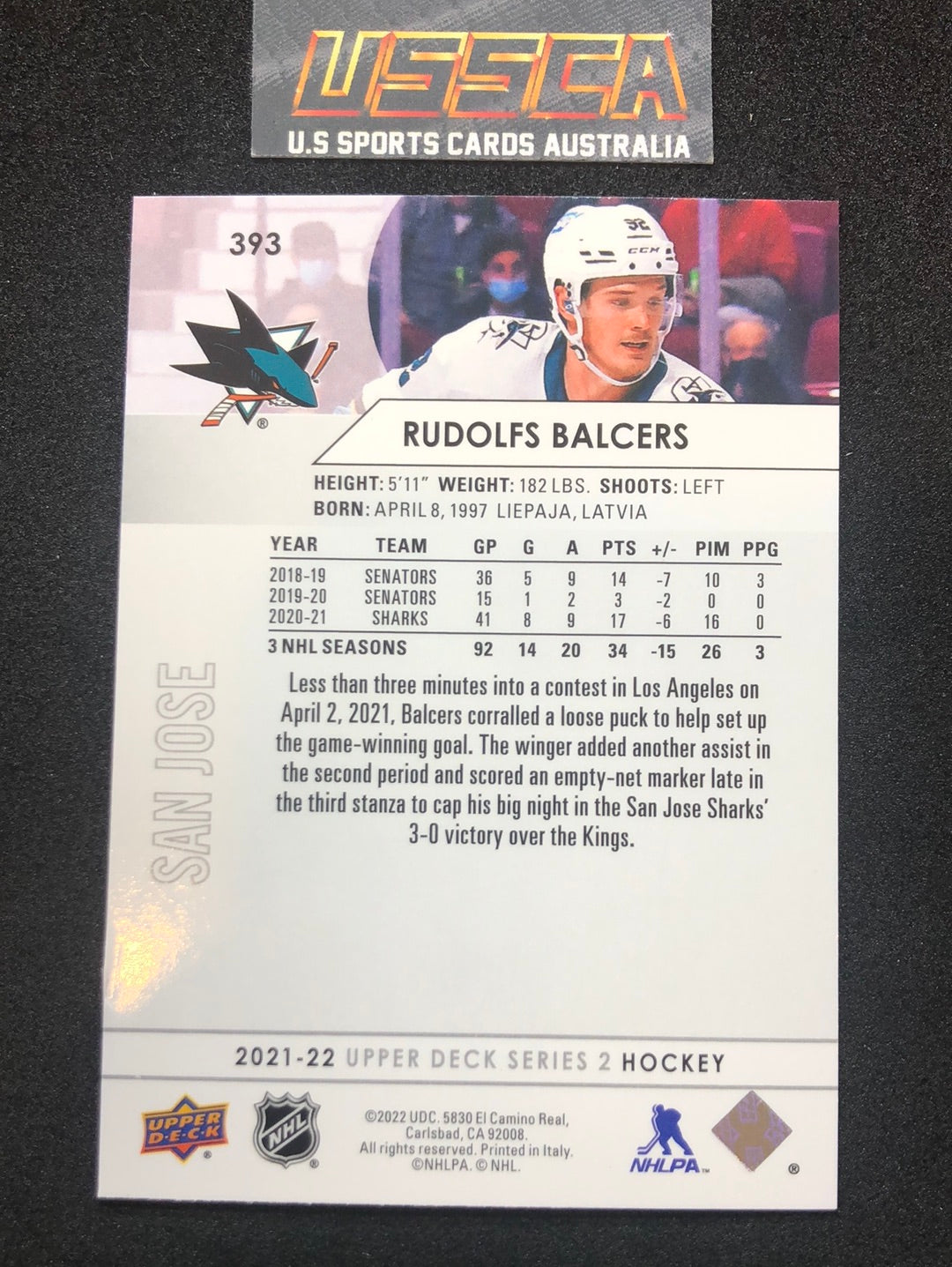 2021-22 Upper Deck Series Two #393 - Rudolfs Balcers - San Jose Sharks