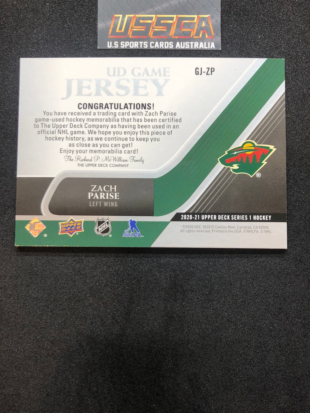 2020-21 Upper Deck Series 1 UD Game Jersey #GJ-ZP Zach Parise - Minnesota Wild