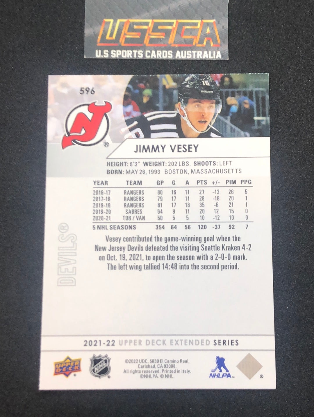 2021-22 Upper Deck Extended Series #596 - Jimmy Vesey - New Jersey Devils