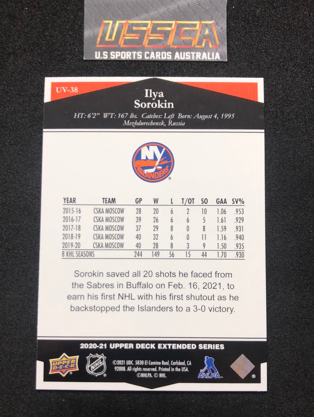 2020-21 Upper Deck Extended Series #UV-38 Ultimate Victory - Ilya Sorokin - New York Islanders