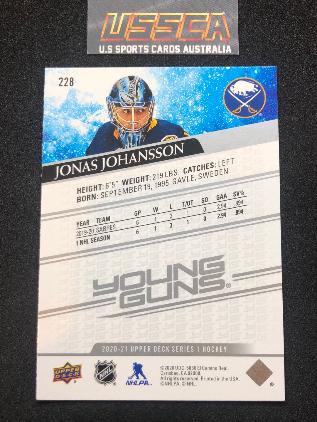 2020-21 Upper Deck Series 1 -  Young Guns #228 Jonas Johansson - Buffalo Sabres