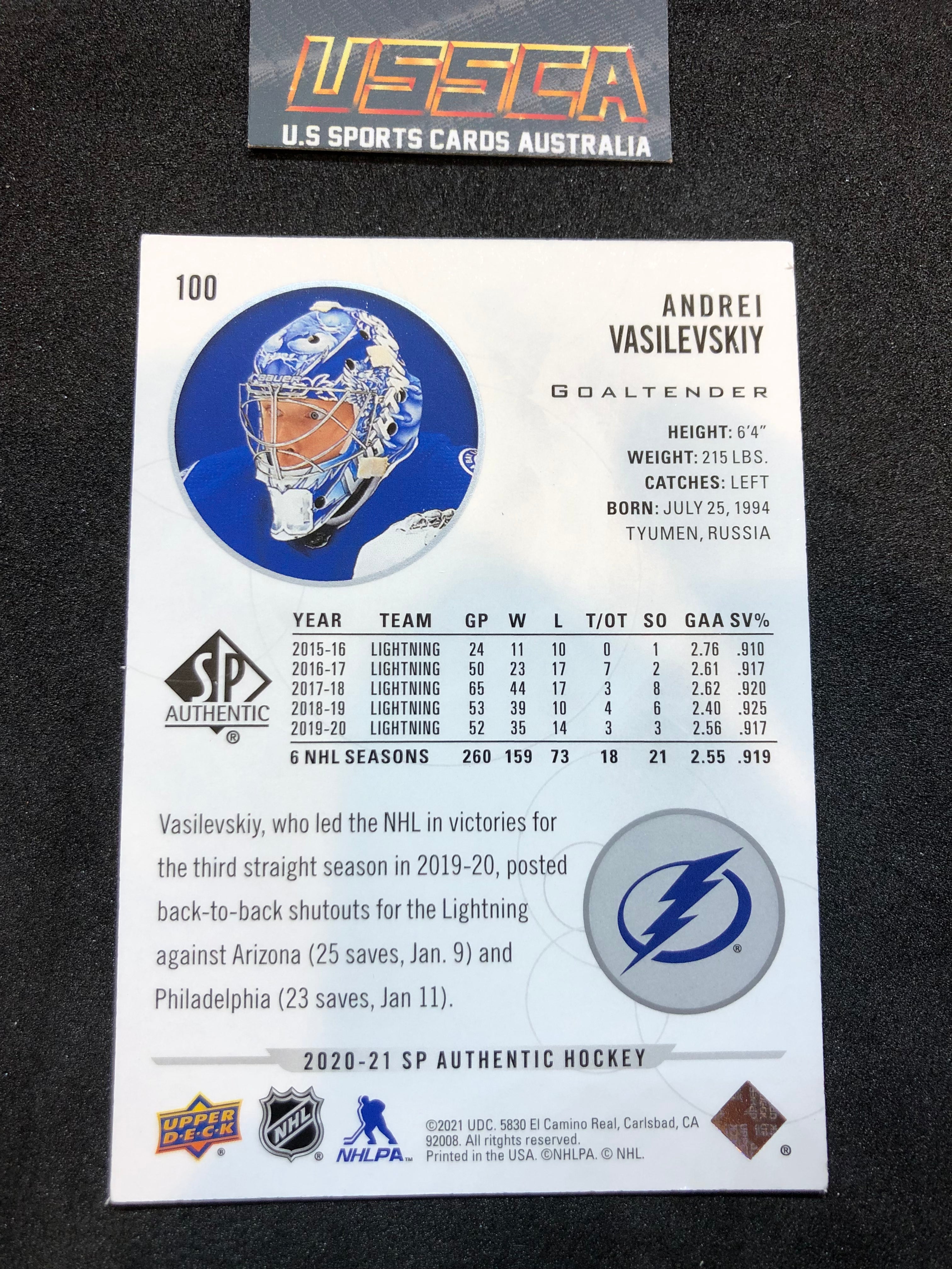 2020-21 Upper Deck SP Authentic Hockey - [Base] #100 - Andrei Vasilevskiy - Tampa Bay Lightning