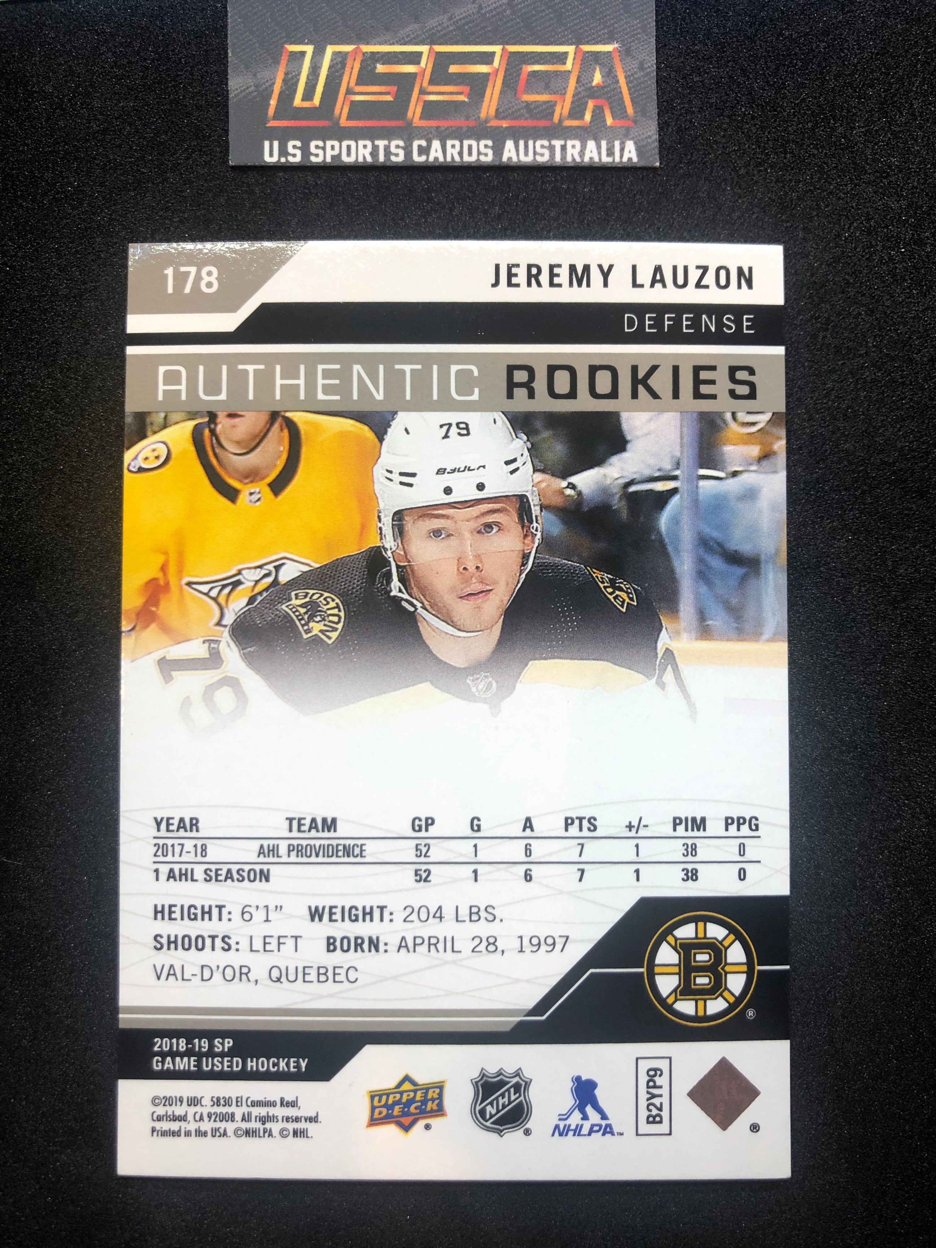 2018-19 Upper Deck SP Game Used Authentic Rookies Rainbow /297 #178 Jeremy Lauzon - Boston bruins RC