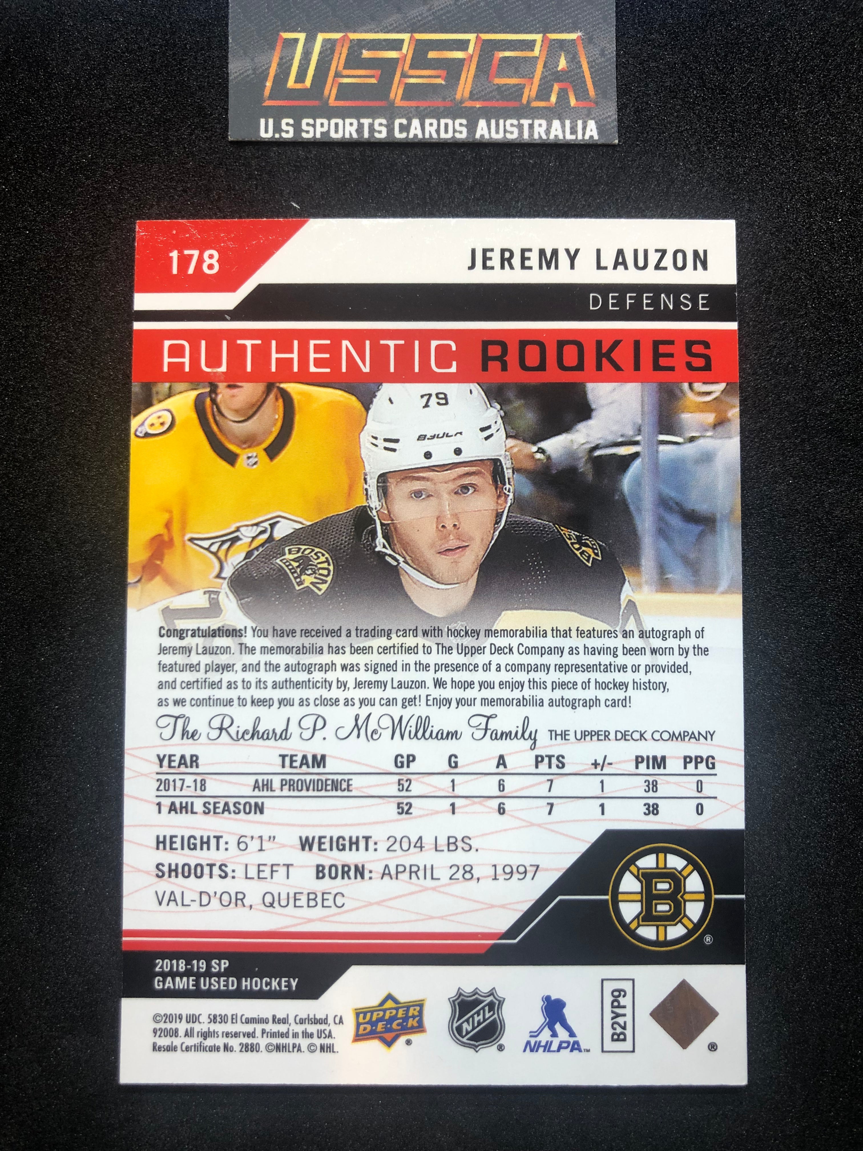 2018-19 Upper Deck SP Game Used Authentic Rookies Red Auto Jersey  #178 - Jeremy Lauzon - Boston Bruins RC