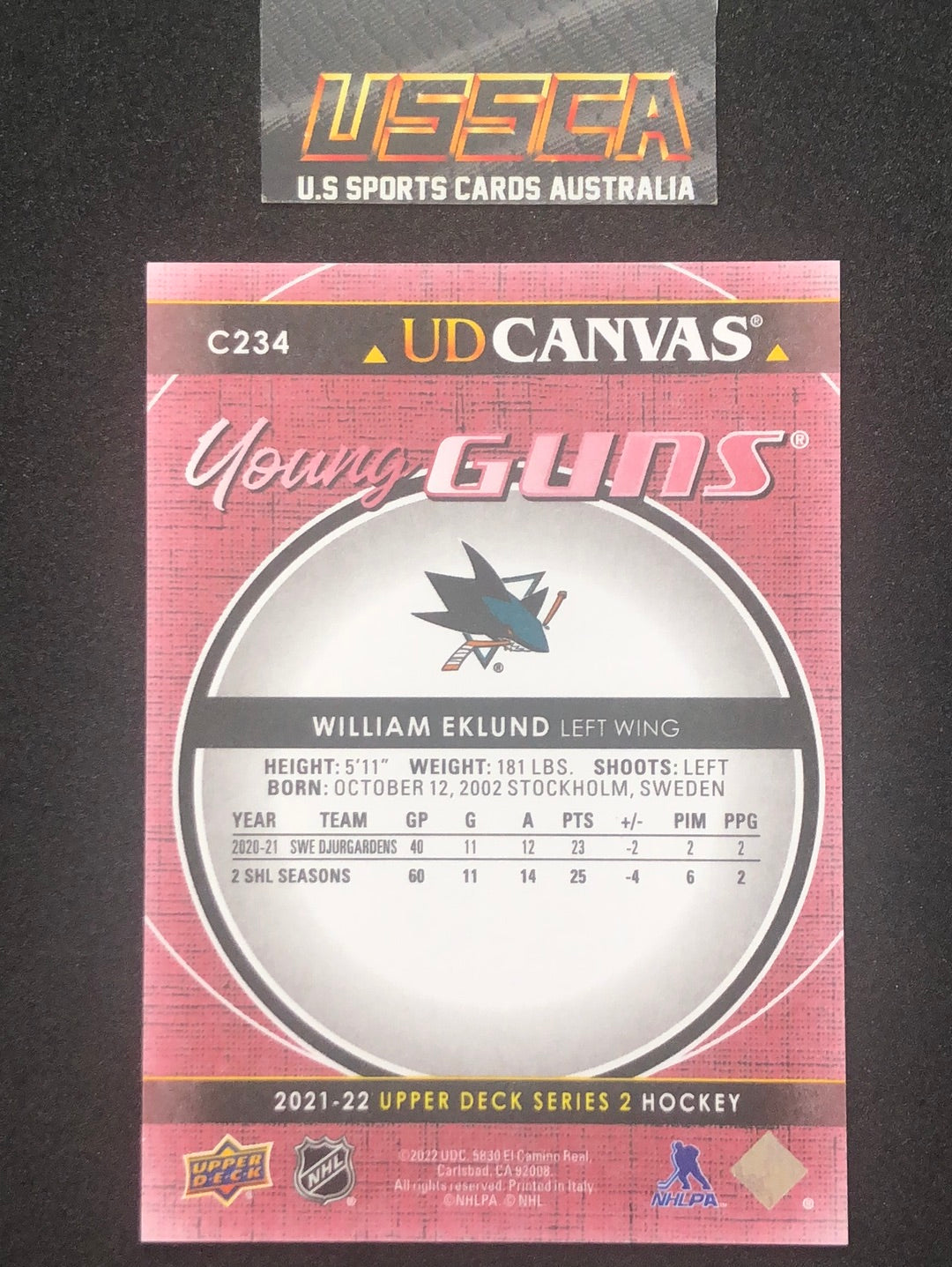 2021-22 Upper Deck Series Two #C234 Young Guns Canvas - William Eklund - San Jose Sharks