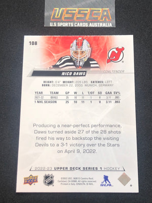 2022-23 Upper Deck Series 1 Hockey #108 - Nico Daws - New Jersey Devils