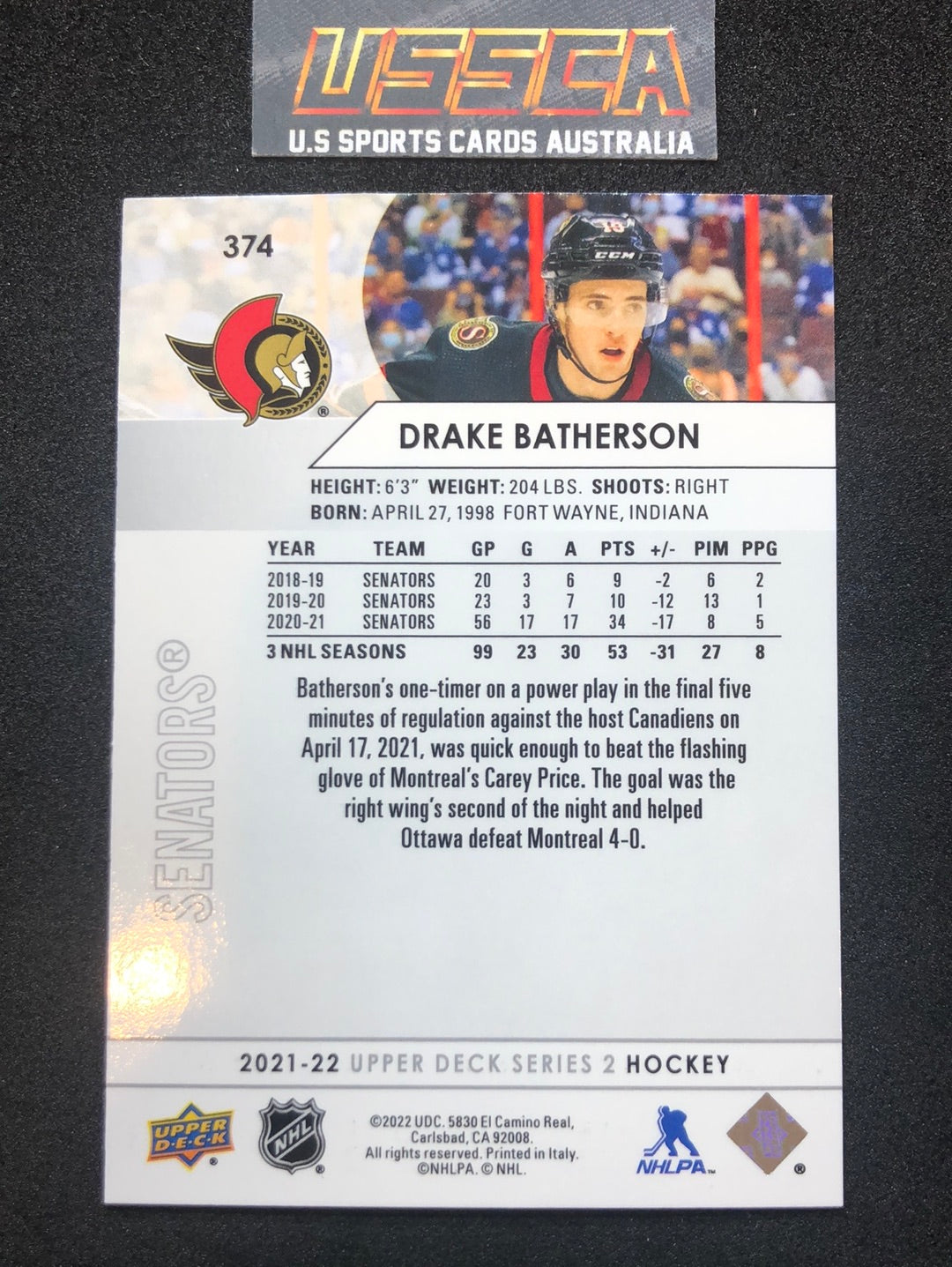 2021-22 Upper Deck Series Two #374 - Drake Batherson - Ottawa Senators