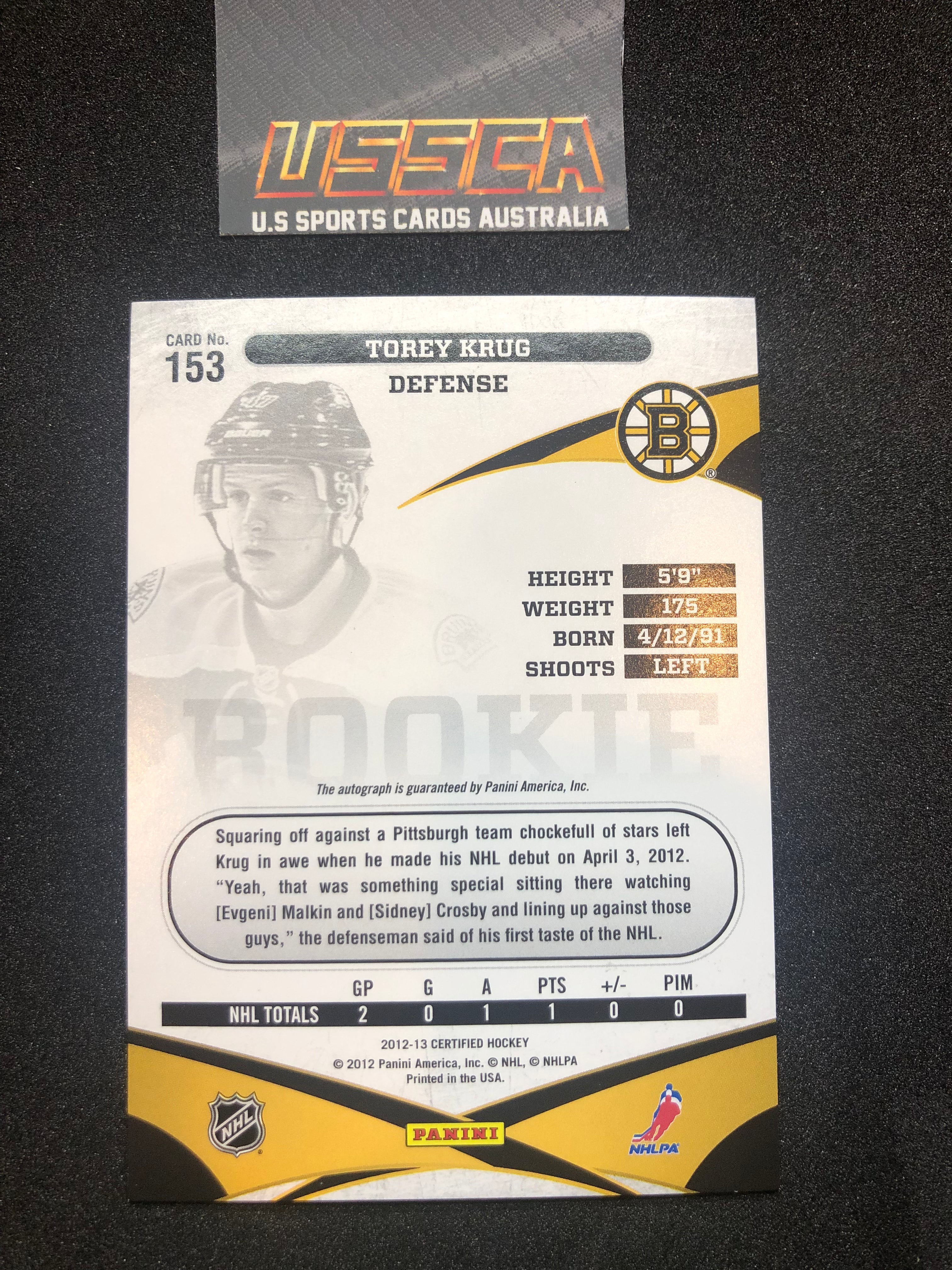 2012-13 Panini Certified - Freshman Signatures - Rooie #153 /999 - Torrey Krug - Boston Bruins