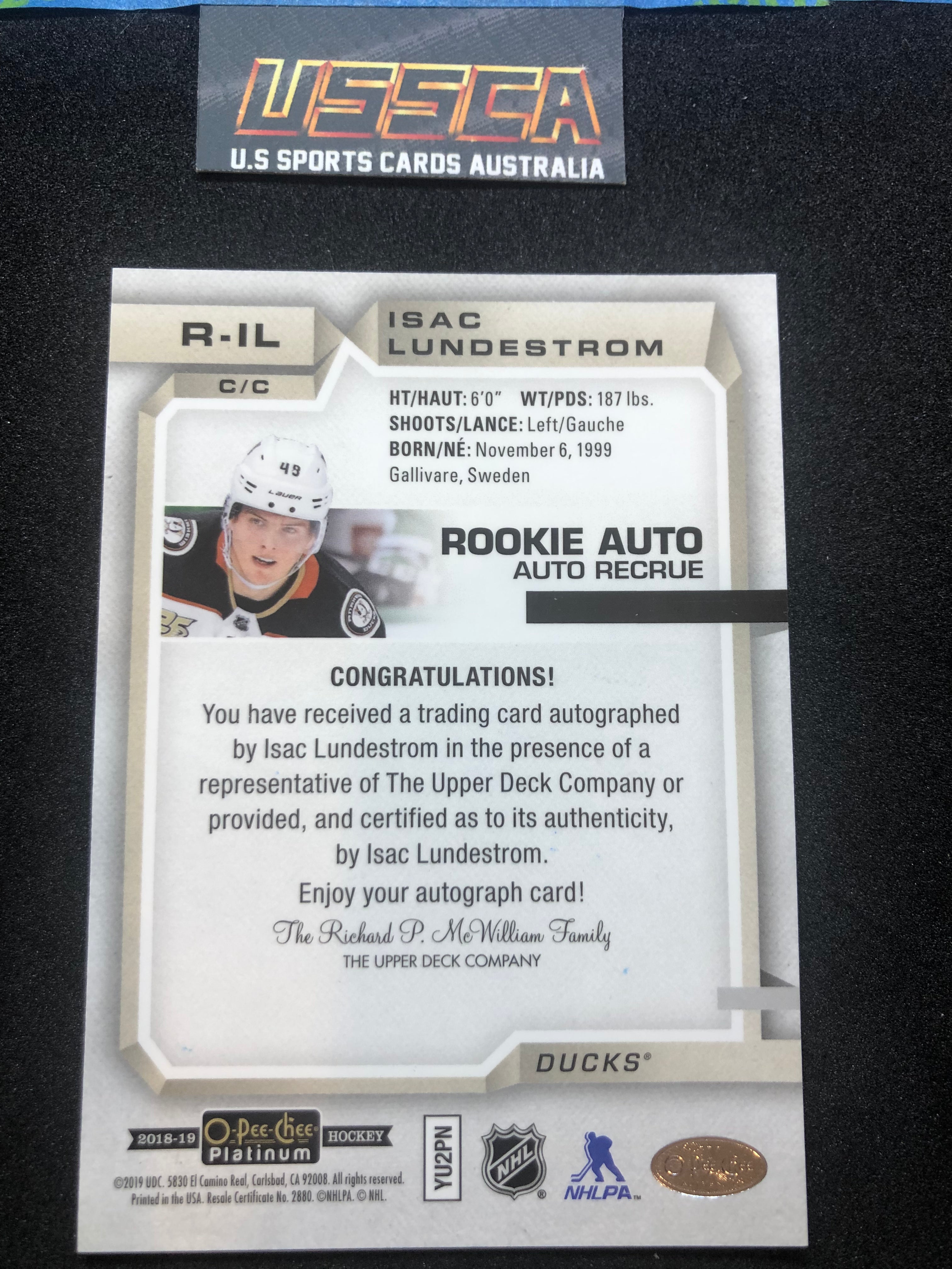 2018-19 O-Pee-Chee Platinum - Rookie Autos #R-IL - Isac Lundestrom - Anaheim Ducks