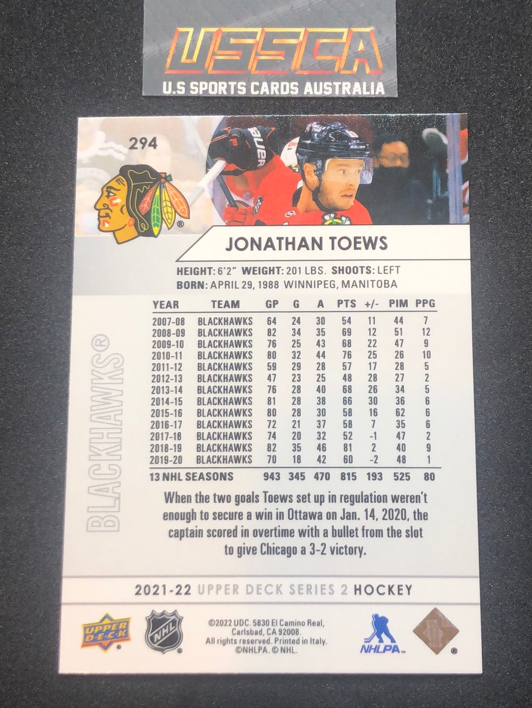 2021-22 Upper Deck Series Two #294 - Jonathan Toews - Chicago Blackhawks