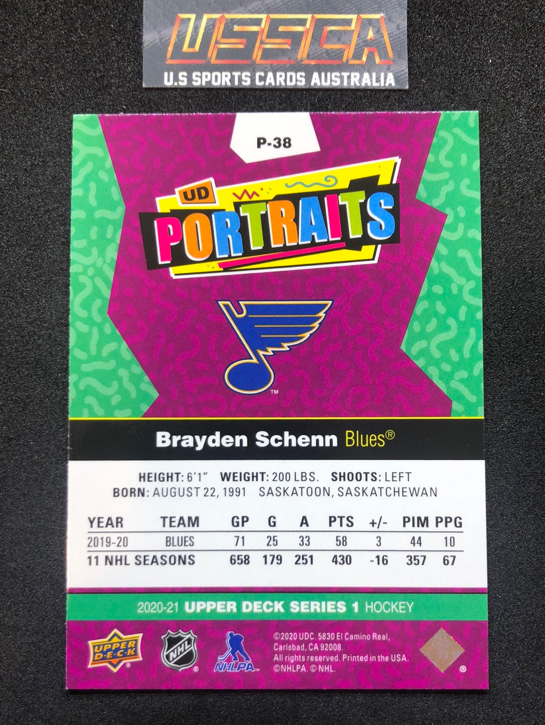 2020-21 Upper Deck Series 1 - UD Portraits #P-38 Brayden Schenn - St. Louis Blues