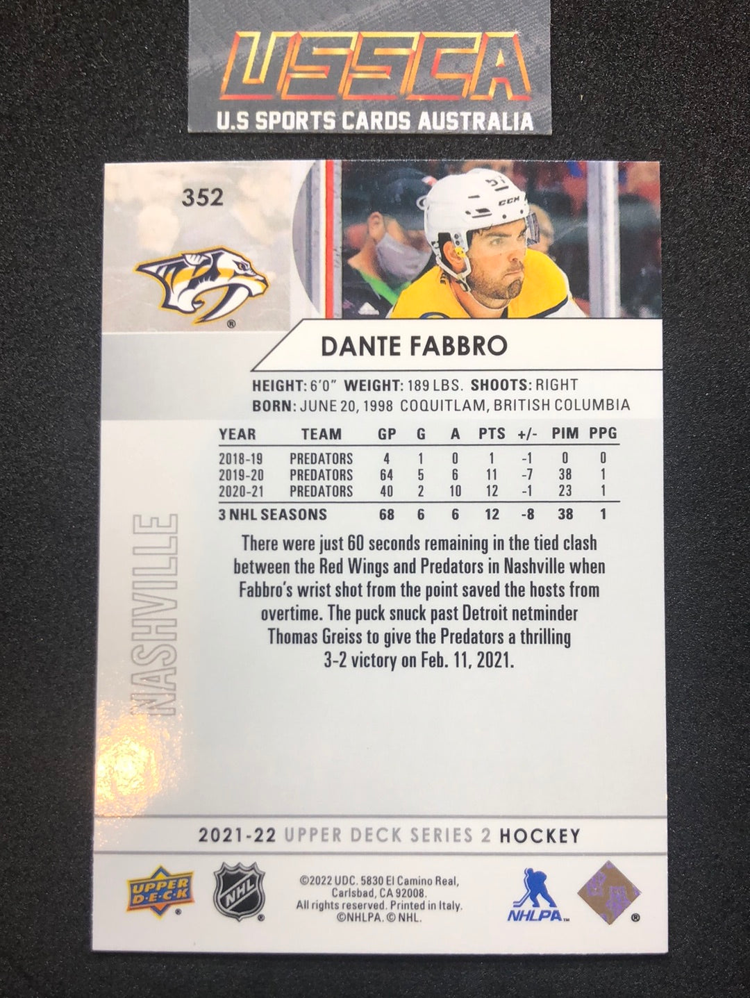 2021-22 Upper Deck Series Two #352 - Dante Fabbro - Nashville Predators