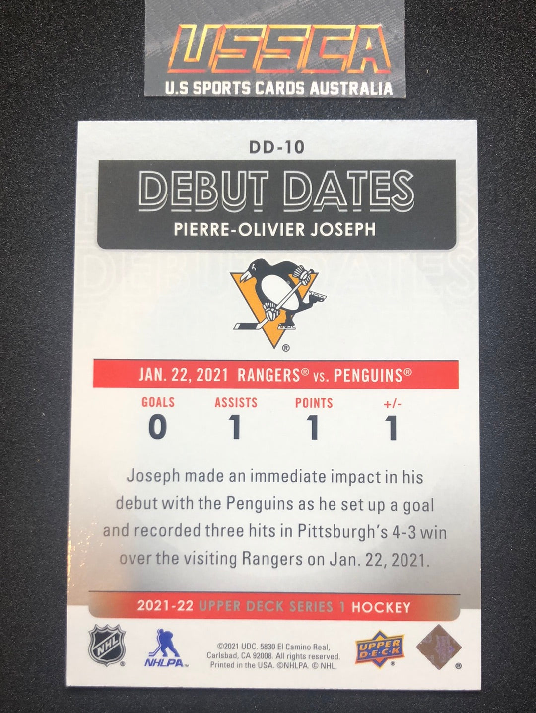 2021-22 Upper Deck Series Two #DD-10 Debut Dates - Pierre-Olivier Joseph - Pittsburgh Penguins