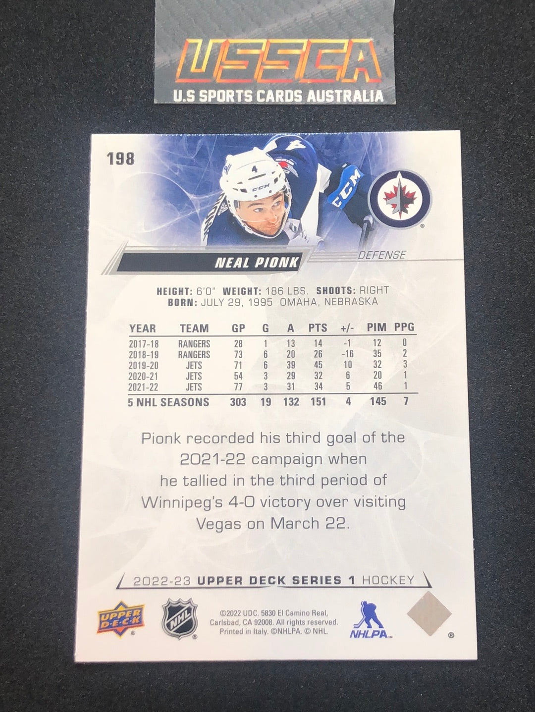 2022-23 Upper Deck Series 1 Hockey #198 - Neal Pionk - Winnipeg Jets