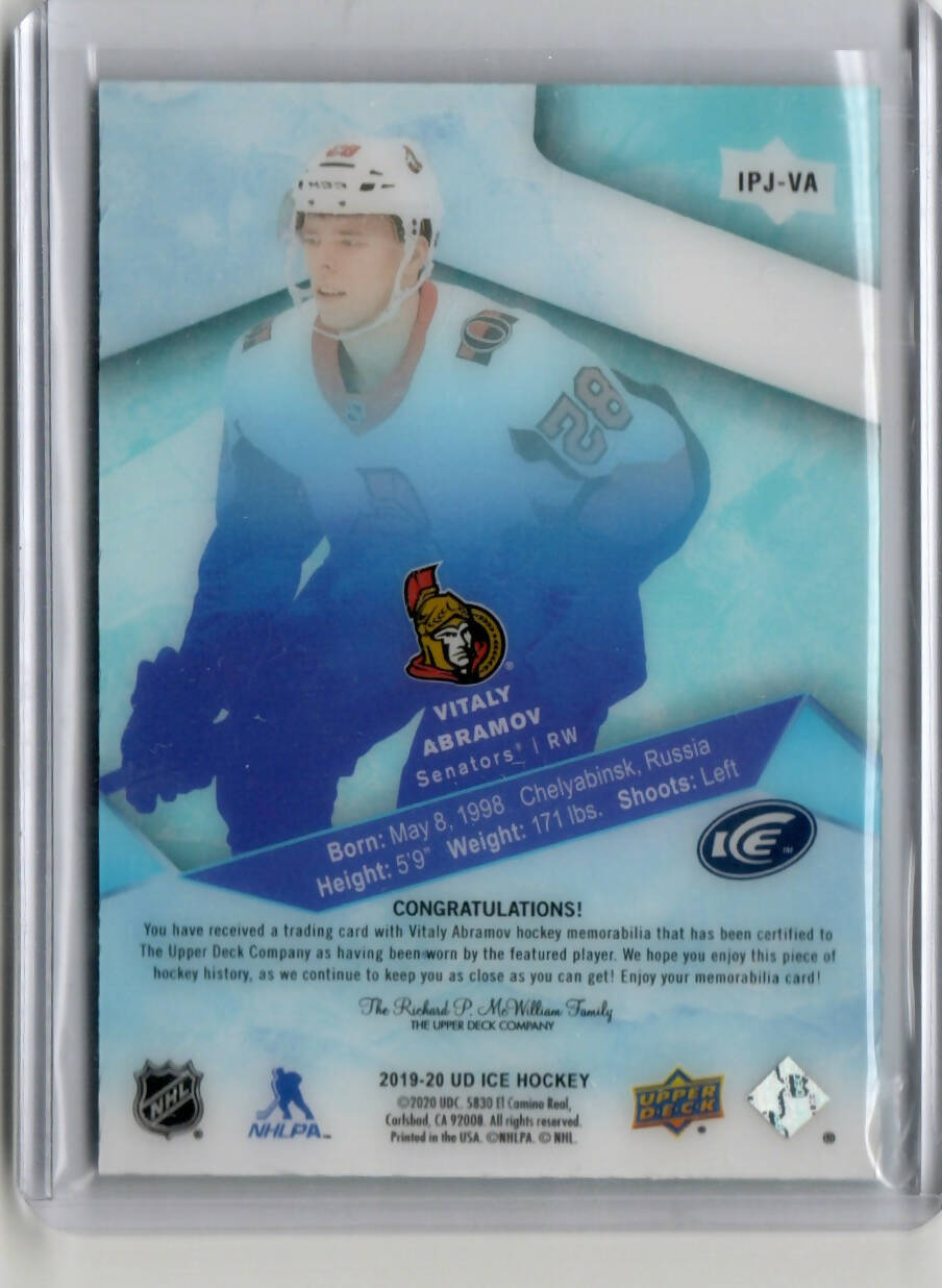 2019-20 Upper Deck Ice Hockey - Ice Premiers - Jersey - Red #IPJ-VA Vitaly Abramov - Ottawa Senators