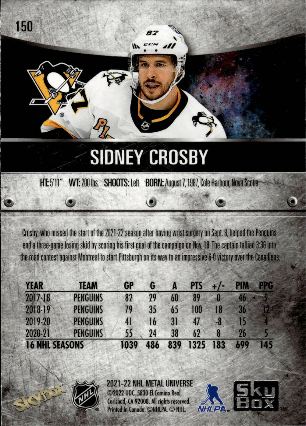 2021-22 Upper Deck Skybox Metal Universe Hockey Alt Jersey #150 Sidney Crosby - Pittsburgh Penguins