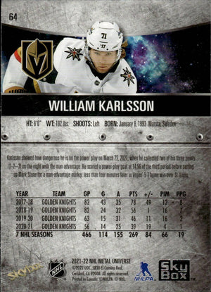 2021-22 Upper Deck Skybox Metal Universe Hockey Base #64 William Karlsson - Vegas Golden Knights