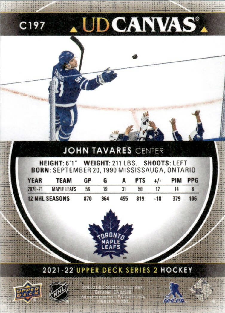 2021-22 Upper Deck Series 2 Hockey - UD Canvas #C197 John Tavares - Toronto Maple Leafs