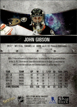 2021-22 Upper Deck Skybox Metal Universe Hockey Base #4 John Gibson - Anaheim Ducks