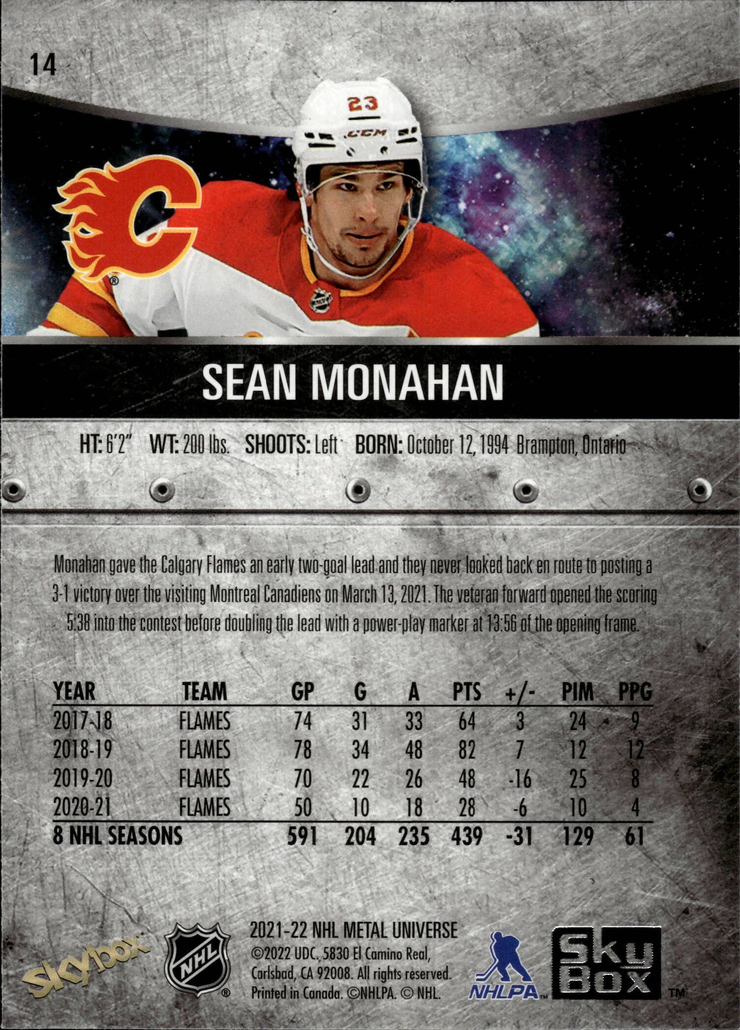 2021-22 Upper Deck Skybox Metal Universe Hockey Base #14 Sean Monahan - Calgary Flames