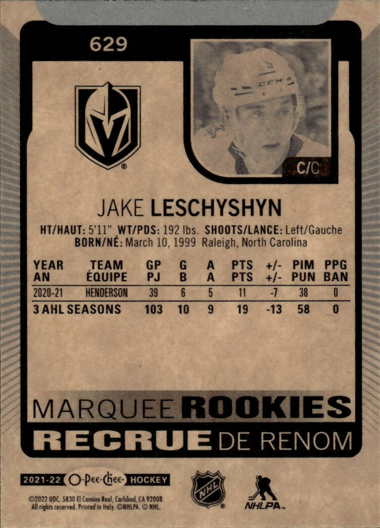 2021-22 Upper Deck Series 2 Hockey - O-Pee-Chee Update - Marquee Rookies #629 Jake Leschyshyn - Vegas Golden Knights