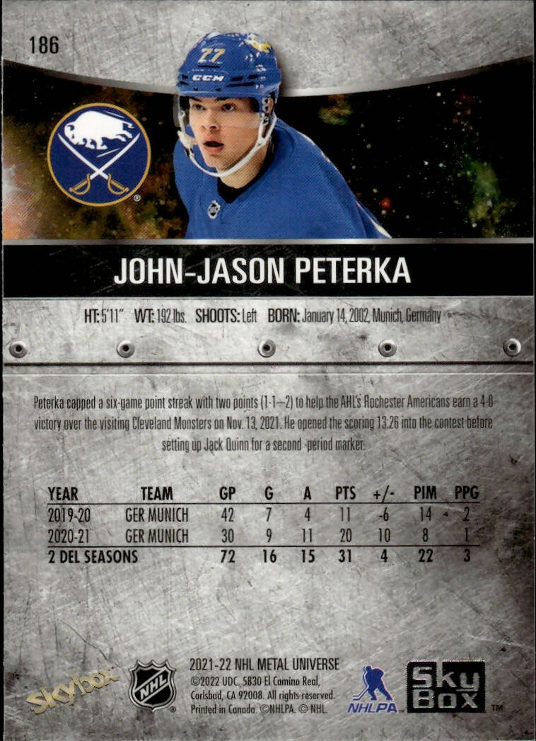 2021-22 Upper Deck Skybox Metal Universe Hockey Rookies #186 John-Jason Peterka - Buffalo Sabres