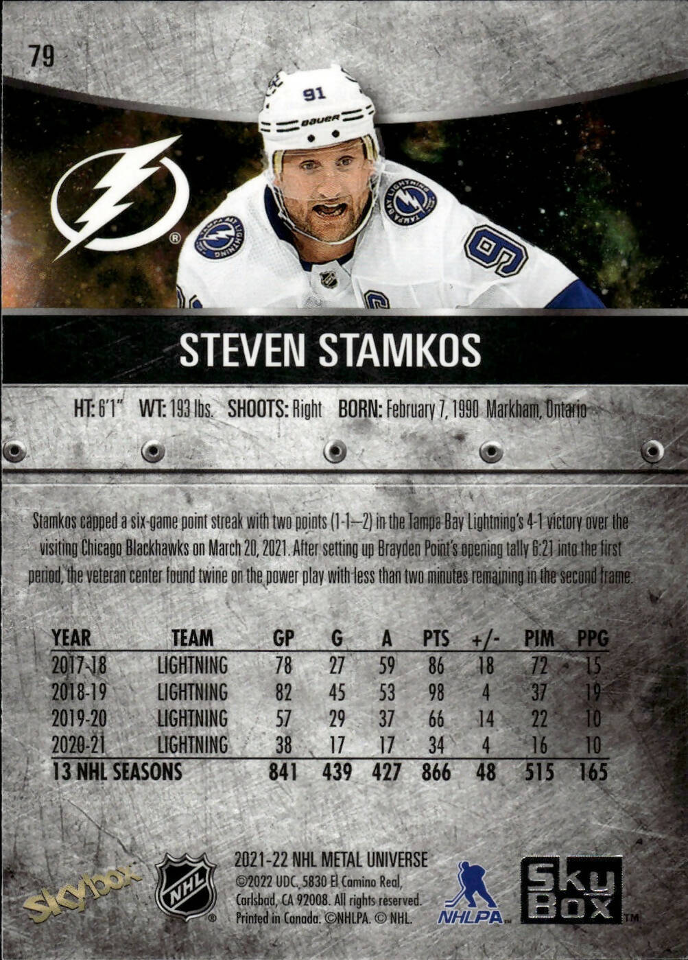 2021-22 Upper Deck Skybox Metal Universe Hockey Base #79 Steven Stamkos - Tampa Bay Lightning