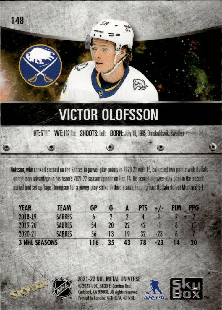 2021-22 Upper Deck Skybox Metal Universe Hockey Alt Jersey #148 Victor Olofsson - Buffalo Sabres