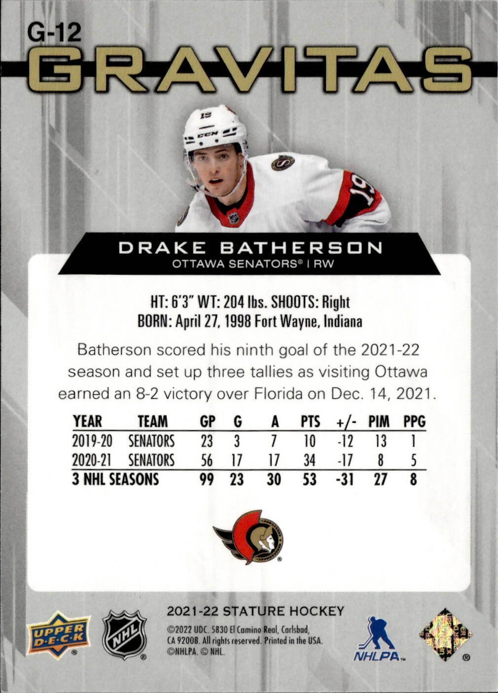 2021-22 Upper Deck Stature - Gravitas #G-12 Drake Batherson - Ottawa Senators