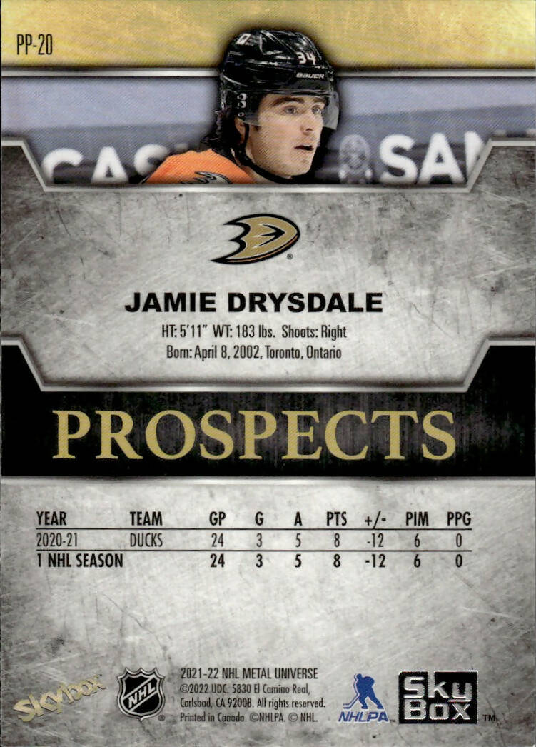 2021-22 Upper Deck Skybox Metal Universe Hockey Premium Prospects #PP-20 Jamie Drysdale - Anaheim Ducks