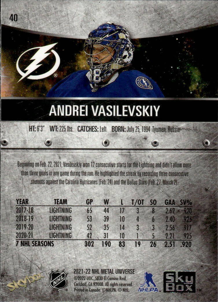 2021-22 Upper Deck Skybox Metal Universe Hockey Base #40 Andrei Vasilevskiy - Tampa Bay Lightning