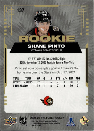 2021-22 Upper Deck Stature - Base /99 #137 Shane Pinto - Ottawa Senators