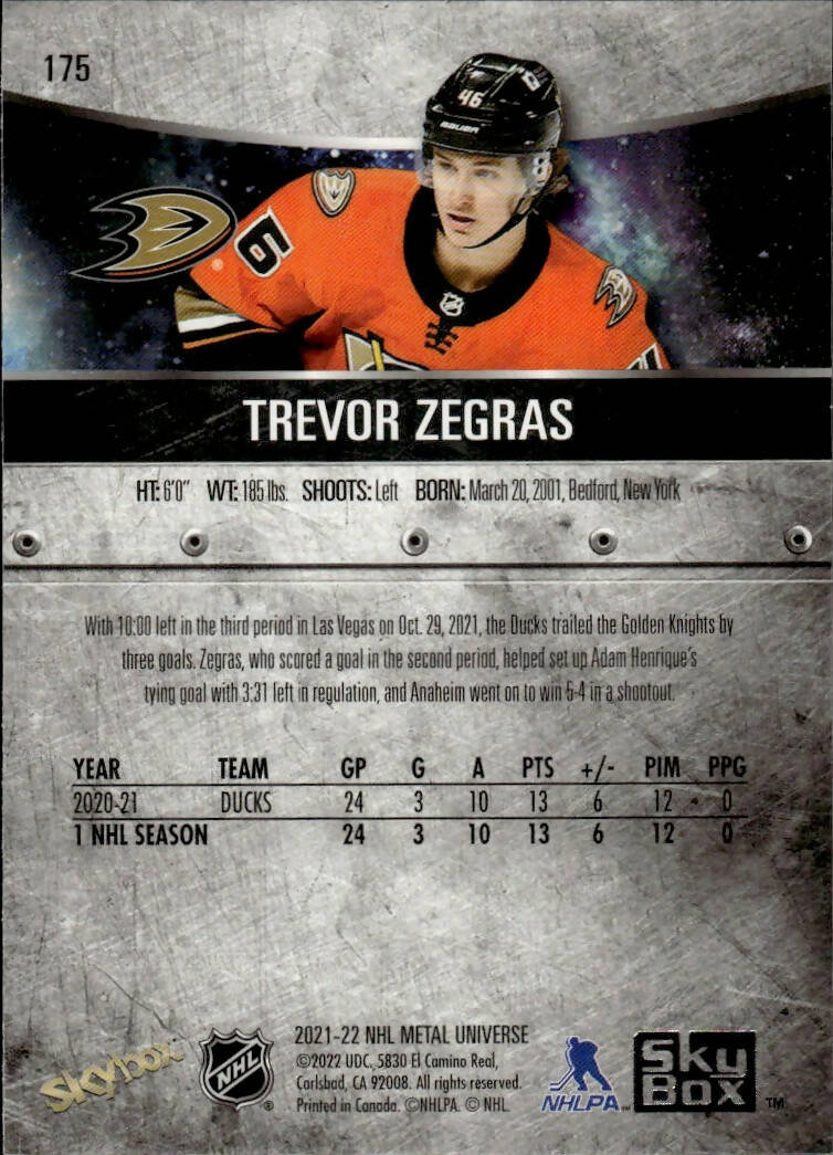 2021-22 Upper Deck Skybox Metal Universe Hockey Rookies #175 Trevor Zegras - Anaheim Ducks