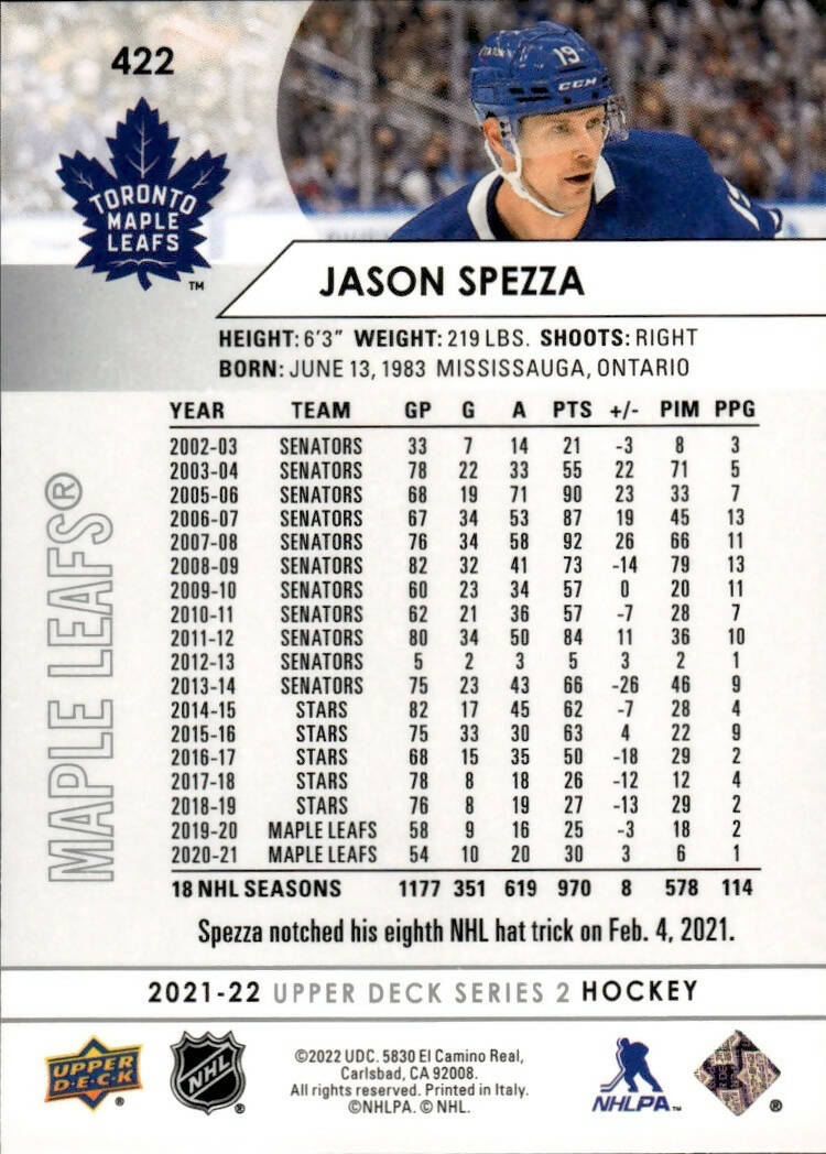 2021-22 Upper Deck Series 2 Hockey - Base #422 Jason Spezza - Toronto Maple Leafs