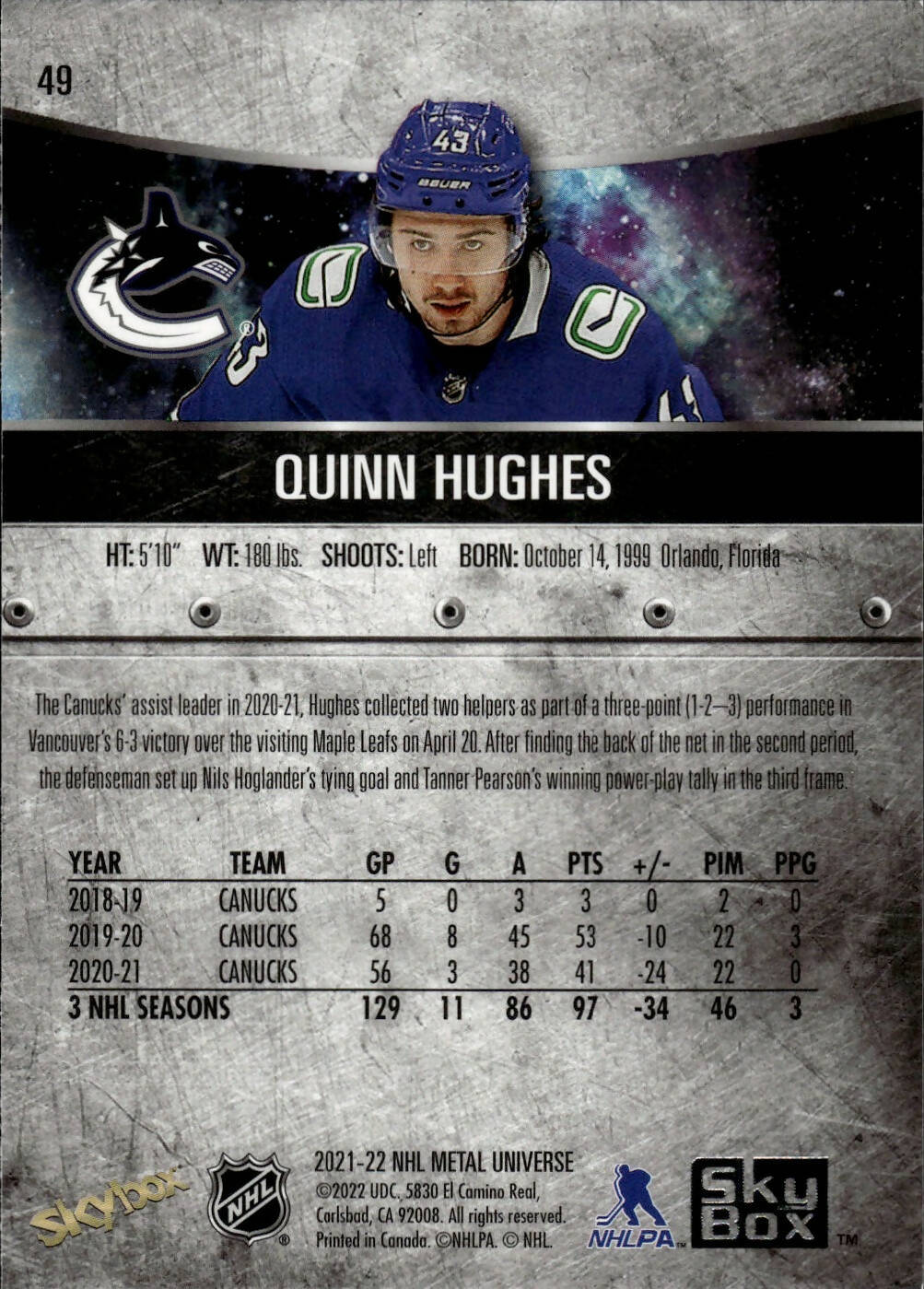 2021-22 Upper Deck Skybox Metal Universe Hockey Base #49 Quinn Hughes - Vancouver Canucks