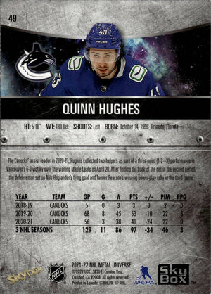 2021-22 Upper Deck Skybox Metal Universe Hockey Base #49 Quinn Hughes - Vancouver Canucks