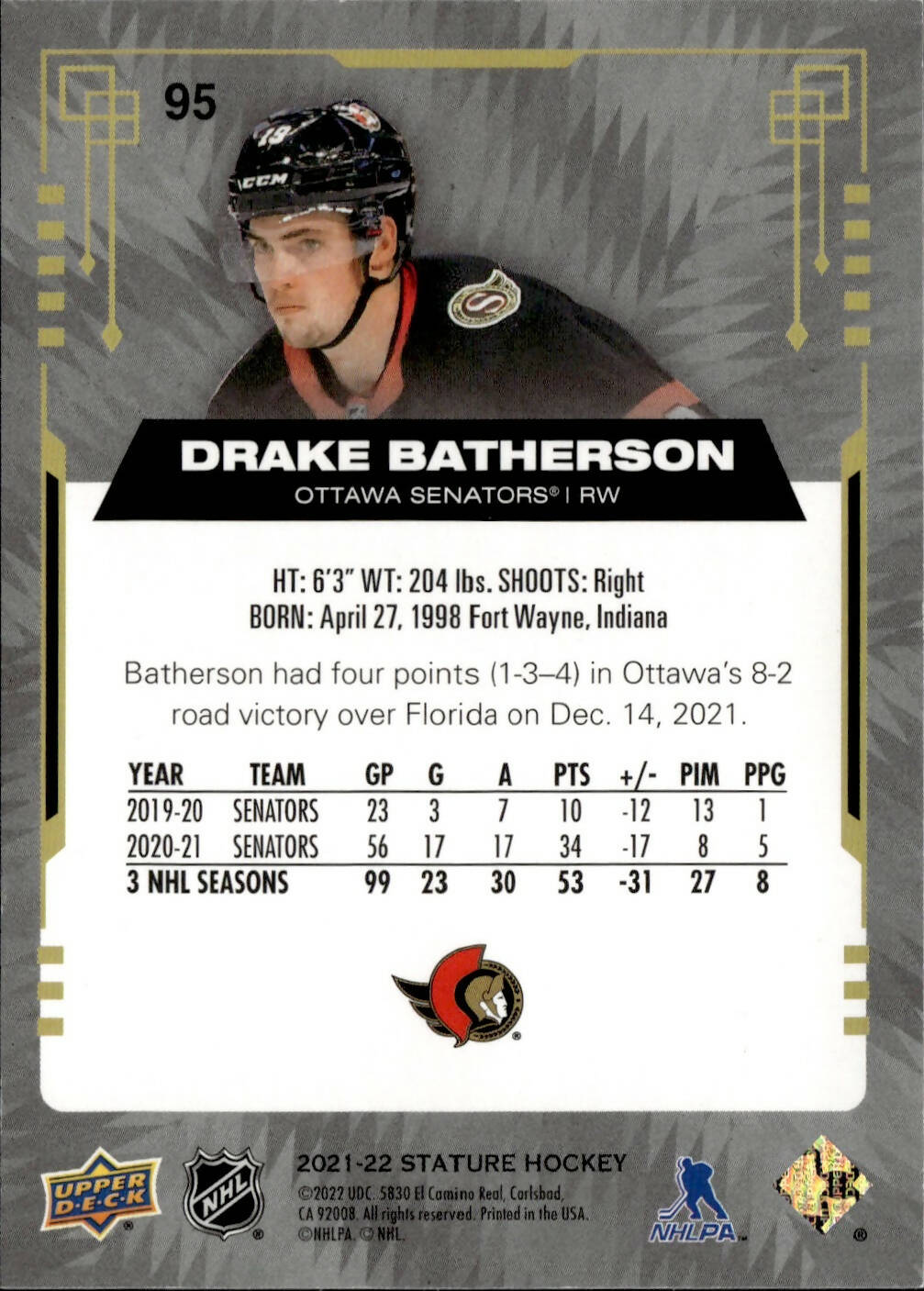 2021-22 Upper Deck Stature - Base #95 Drake Batherson - Ottawa Senators