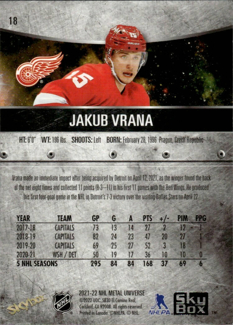 2021-22 Upper Deck Skybox Metal Universe Hockey Base #18 Jakub Vrana - Detroit Red Wings