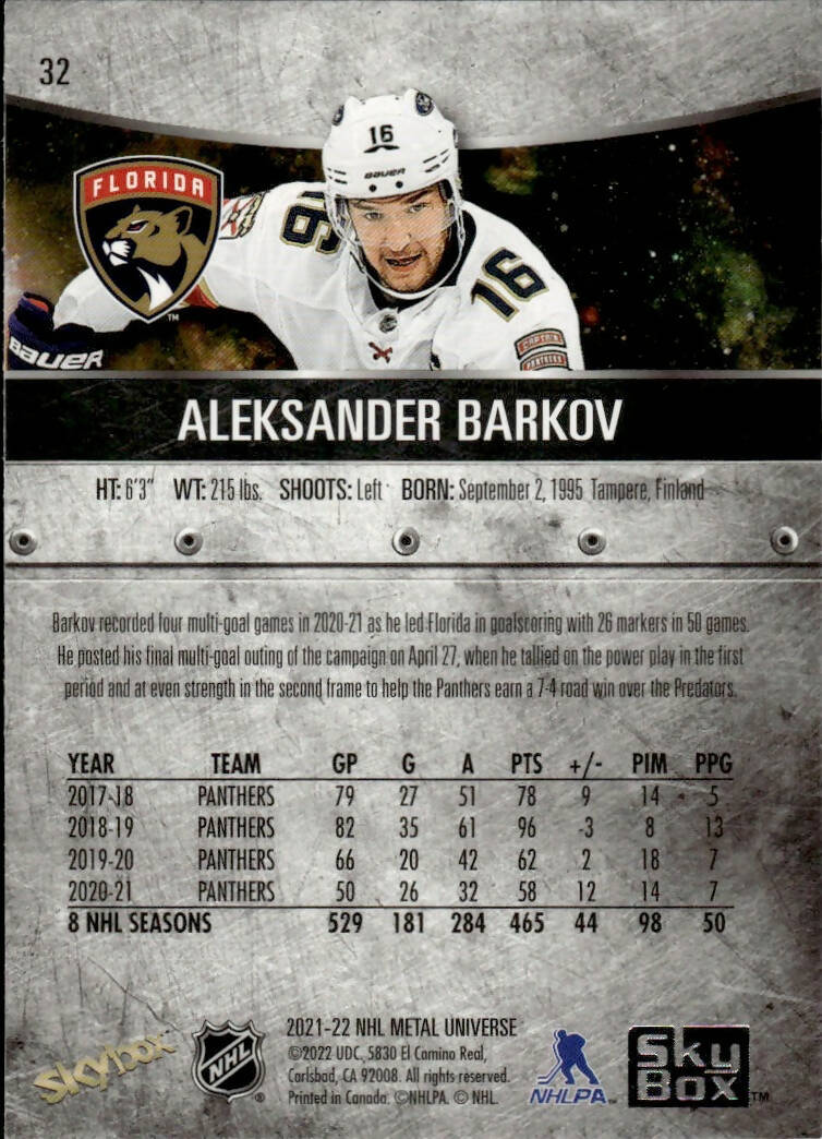 2021-22 Upper Deck Skybox Metal Universe Hockey Base #32 Aleksander Barkov - Florida Panthers